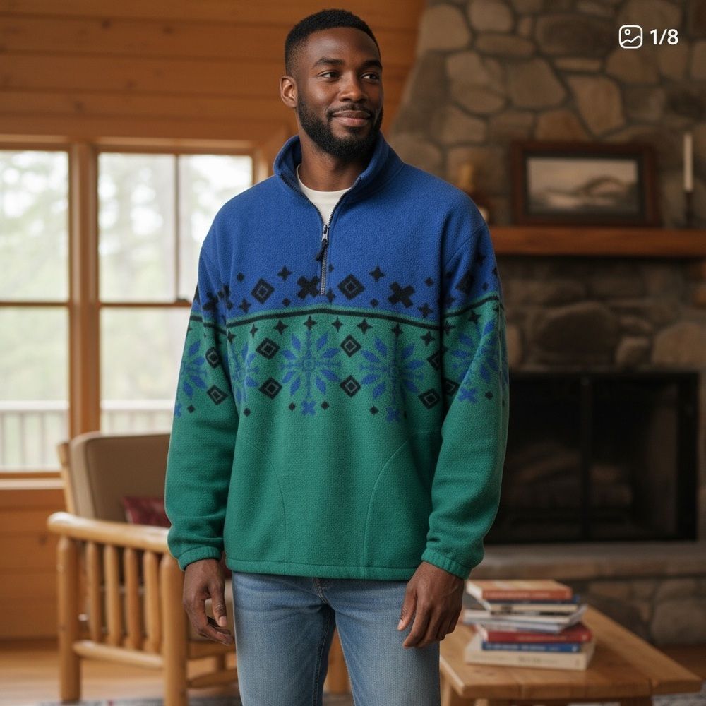 VTG 1990's Men's Cheetah Winter‎ Snowflake Fleece 1/4 Zip Sweatshirt, Large